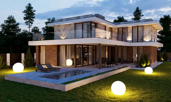 Yüzme havuzu ve büyük bir bahçesi olan modern bir evin 3 boyutlu görüntüsü. Lüks mimari