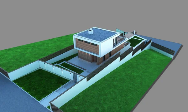 Visualisierung Eines Modernen Hauses Auf Einem Relief Haus Auf Einem — Stockfoto