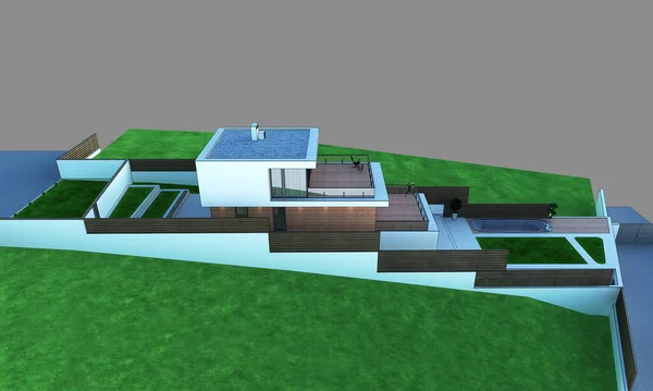 Visualização Uma Casa Moderna Alívio Casa Terreno Estreito Com Terraços — Fotografia de Stock