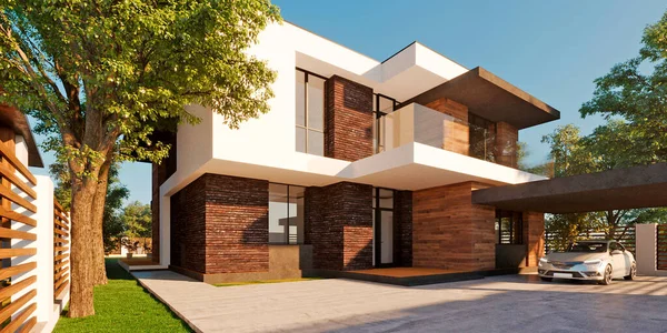 Lüks bir evin 3 boyutlu görüntüsü. Modern mimari. Eşsiz görünüşlü bir ev..