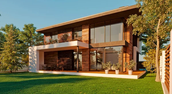 Lüks bir evin 3 boyutlu görüntüsü. Modern mimari. Eşsiz görünüşlü bir ev..