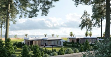 Deniz kenarındaki modern bir evin 3 boyutlu görüntüsü. Modern tarzda bir ev. mimari nesne