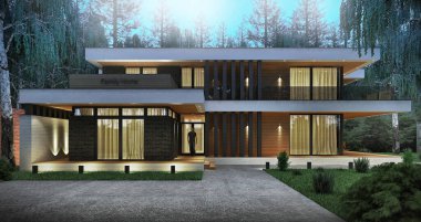 Ormanda terası olan modern bir evin 3 boyutlu görüntüsü. Eşsiz mimari.