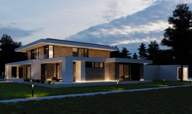 Modern bir villanın 3 boyutlu görüntüsü. Havuzlu ev. Lüks mimari.