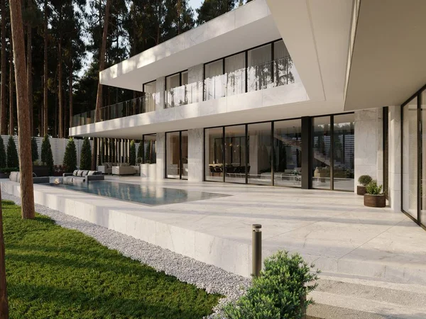 3D visualization of a modern villa with a large terrace and a swimming pool. Luxurious architecture.