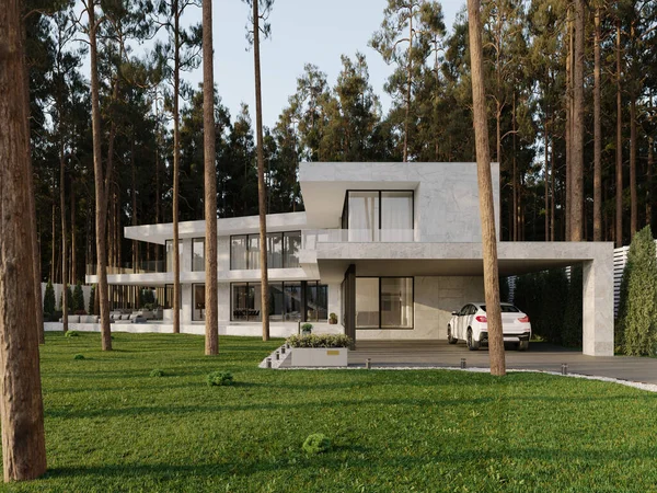 Visualisation Une Villa Moderne Avec Une Grande Terrasse Une Piscine — Photo