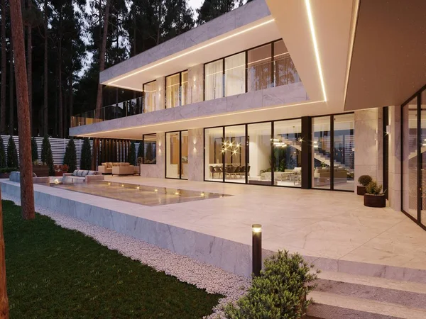 Büyük bir terası ve yüzme havuzu olan modern bir villanın 3 boyutlu görüntüsü. Lüks mimari.