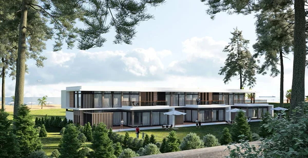 3D visualization of a modern house by the sea. House in modern style. architectural object