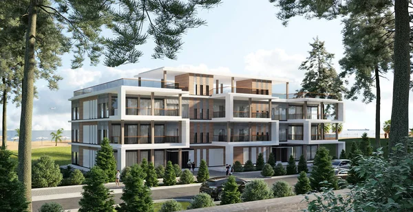 Deniz kenarındaki modern bir evin 3 boyutlu görüntüsü. Modern tarzda bir ev. mimari nesne