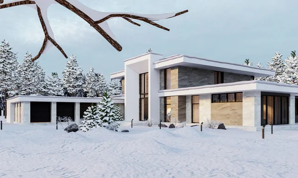 3D visualization of a modern villa. House with pool. Luxurious architecture.