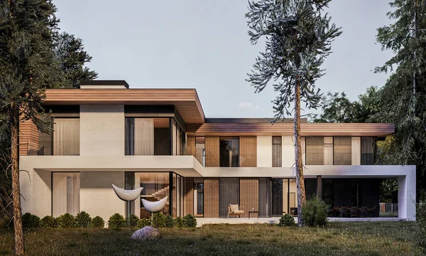 森の中のモダンな家の3Dレンダリング テラス付きの家 建築物 — ストック写真