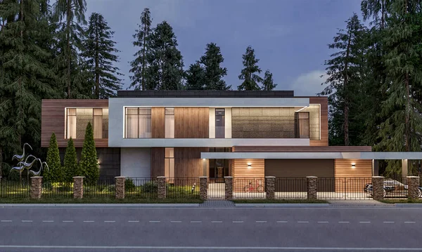 3D rendering of a modern house in the forest. House with a terrace. architectural object