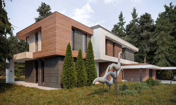 3D rendering of a modern house in the forest. House with a terrace. architectural object