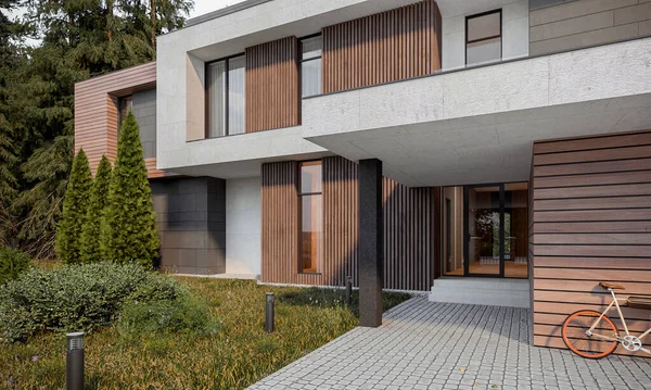 Weergave Van Een Modern Huis Het Bos Huis Met Terras — Stockfoto