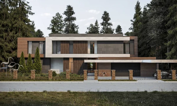 3D rendering of a modern house in the forest. House with a terrace. architectural object