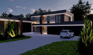 Modern bir konutun geniş bir alanda 3D görüntüsü. Panoramik pencereli bir villa. lüks mimari