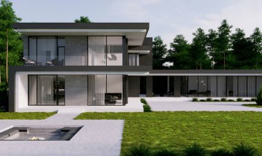 Modern bir konutun geniş bir alanda 3D görüntüsü. Panoramik pencereli bir villa. lüks mimari