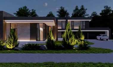 Modern bir konutun geniş bir alanda 3D görüntüsü. Panoramik pencereli bir villa. lüks mimari