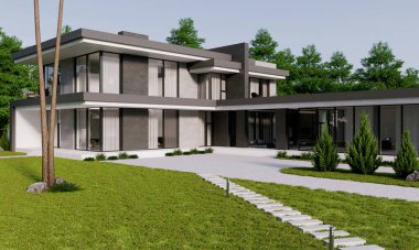 Modern bir konutun geniş bir alanda 3D görüntüsü. Panoramik pencereli bir villa. lüks mimari