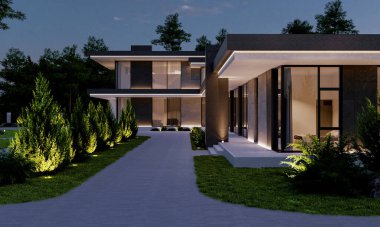 Modern bir konutun geniş bir alanda 3D görüntüsü. Panoramik pencereli bir villa. lüks mimari