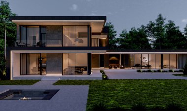 Modern bir konutun geniş bir alanda 3D görüntüsü. Panoramik pencereli bir villa. lüks mimari