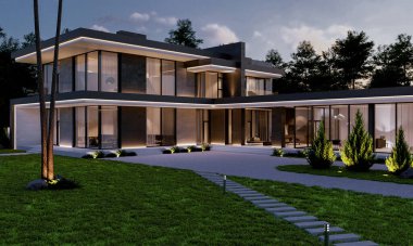 Modern bir konutun geniş bir alanda 3D görüntüsü. Panoramik pencereli bir villa. lüks mimari