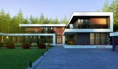 Modern bir konutun geniş bir alanda 3D görüntüsü. Panoramik pencereli bir villa. lüks mimari