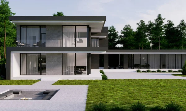 大規模なプロット上の近代的な住居の3D可視化 パノラマの窓のあるヴィラ 高級建築 — ストック写真