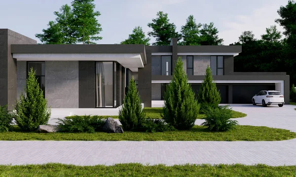 Visualisierung Eines Modernen Wohnhauses Auf Einem Großen Grundstück Villa Mit — Stockfoto