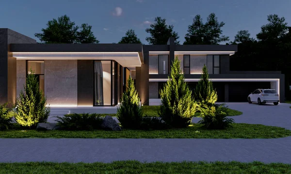 Modern bir konutun geniş bir alanda 3D görüntüsü. Panoramik pencereli bir villa. lüks mimari