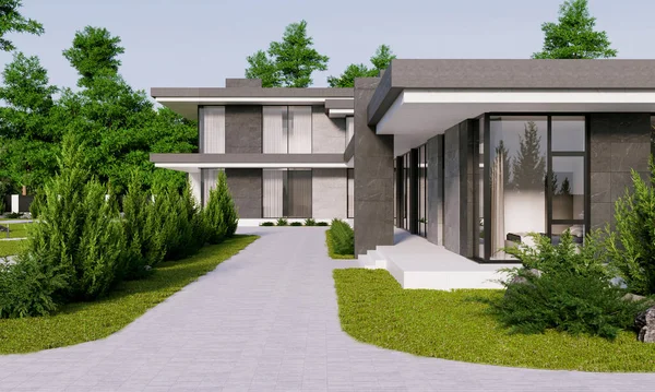 Modern bir konutun geniş bir alanda 3D görüntüsü. Panoramik pencereli bir villa. lüks mimari
