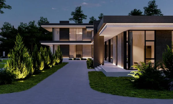 Visualization Modern Residence Large Plot Villa Panoramic Windows Luxury Architecture — Stock Photo, Image