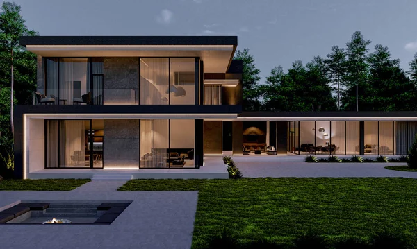 Visualización Una Residencia Moderna Una Parcela Grande Villa Con Ventanas —  Fotos de Stock