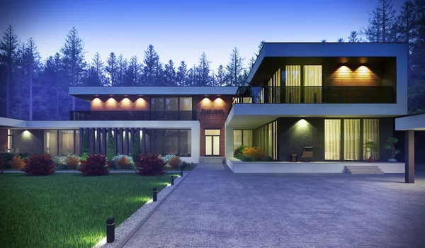 Visualisering Modern Bostad Stor Tomt Villa Med Panoramafönster Lyxarkitektur — Stockfoto