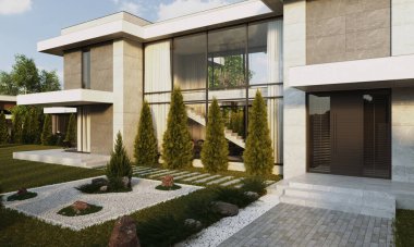 Modern bir konutun geniş bir alanda 3D görüntüsü. Panoramik pencereli bir villa. lüks mimari