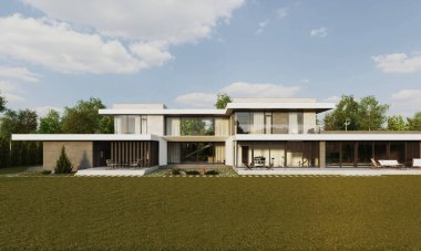 Modern bir konutun geniş bir alanda 3D görüntüsü. Panoramik pencereli bir villa. lüks mimari