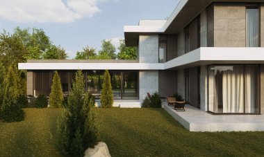 Modern bir konutun geniş bir alanda 3D görüntüsü. Panoramik pencereli bir villa. lüks mimari