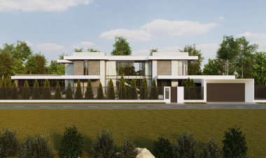 Modern bir konutun geniş bir alanda 3D görüntüsü. Panoramik pencereli bir villa. lüks mimari