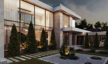 Modern bir konutun geniş bir alanda 3D görüntüsü. Panoramik pencereli bir villa. lüks mimari