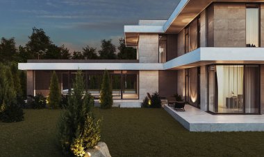Modern bir konutun geniş bir alanda 3D görüntüsü. Panoramik pencereli bir villa. lüks mimari