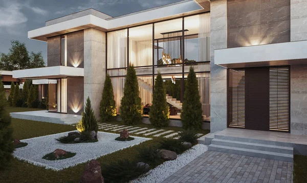 Visualisointi Moderni Asuinpaikka Suurella Tontilla Villa Panoraama Ikkunat Ylellisyyttä Arkkitehtuuri — kuvapankkivalokuva