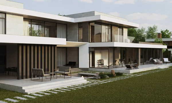 Modern bir konutun geniş bir alanda 3D görüntüsü. Panoramik pencereli bir villa. lüks mimari