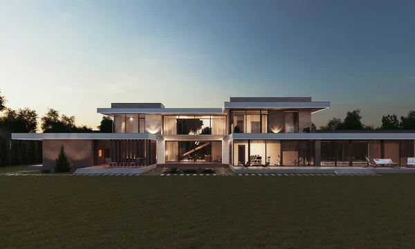 Modern bir konutun geniş bir alanda 3D görüntüsü. Panoramik pencereli bir villa. lüks mimari