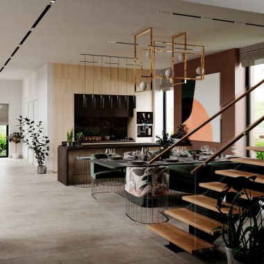 Modern bir oturma odasının 3 boyutlu görüntüsü. İç Tasarım.