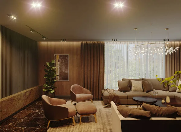 Visualización Interior Moderno Sala Estar Diseño Interiores — Foto de Stock