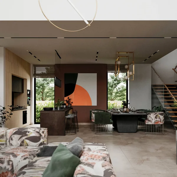 Vizualizace Moderního Interiéru Obývacího Pokoje Návrh Interiéru — Stock fotografie