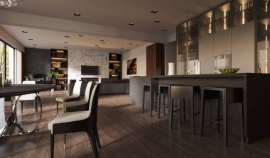 Oturma odasının, yemek odasının ve mutfağın 3 boyutlu görüntüsü. İç Tasarım.