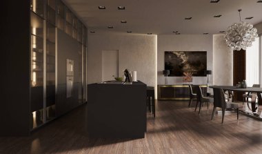 Oturma odasının, yemek odasının ve mutfağın 3 boyutlu görüntüsü. İç Tasarım.