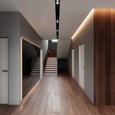 Oturma odasının, yemek odasının ve mutfağın 3 boyutlu görüntüsü. Şömine. İç Tasarım.