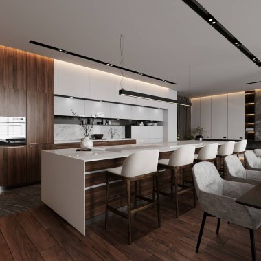 Oturma odasının, yemek odasının ve mutfağın 3 boyutlu görüntüsü. Şömine. İç Tasarım.